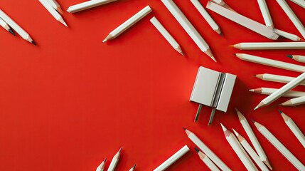 A collection of white pencils scattered around a sharpener on a vibrant red background, leaving empty space for text.