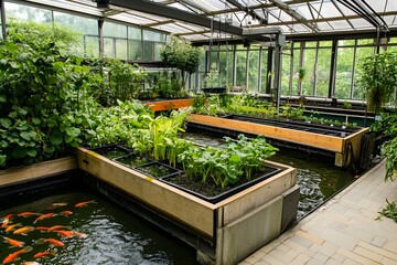 Aquaponic Farming System - An aquaponic system with fish tanks and plant beds in a greenhouse setting 