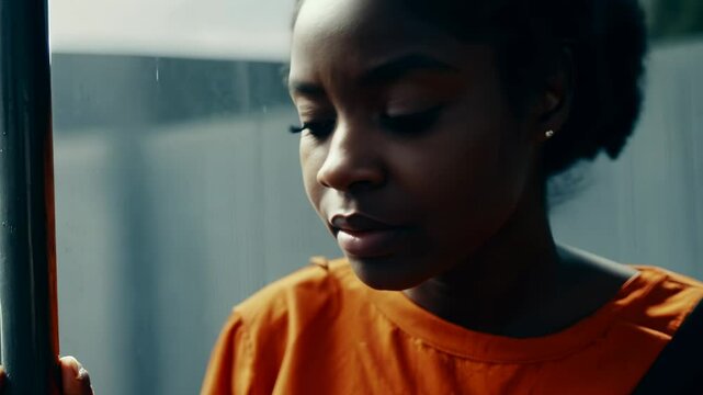 An African American female prisoner in an orange uniform against a background of metal bars looks at the camera. The criminal serves his sentence in a prison cell. FHD video.