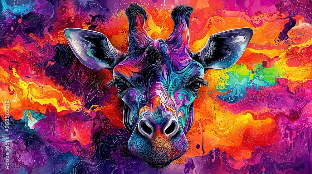 Aufkleber a zoomed-in image of a giraffe's head showing a colorful design behind it