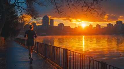 Fototapeta premium a woman sprints along the riverbank, the sunset reflecting off the water in a golden hue