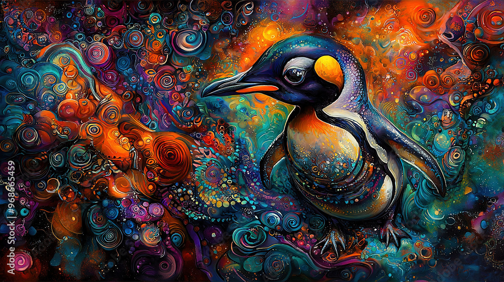 Poster a vivid bird perched atop a blue-orange backdrop, surrounded by an array of floating bubbles