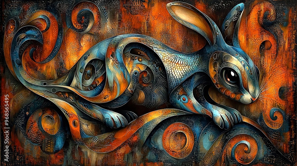 Poster a painting of a rabbit amidst a field of grass with swirling patterns on its sides