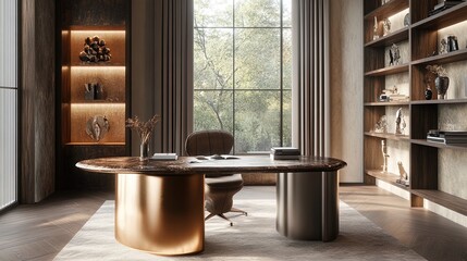 Elevate Your Home Office: A Chic Workspace with a Metallic Desk, Designer Chair, and Natural Light—Perfect as a Stunning Poster for Modern Interiors!