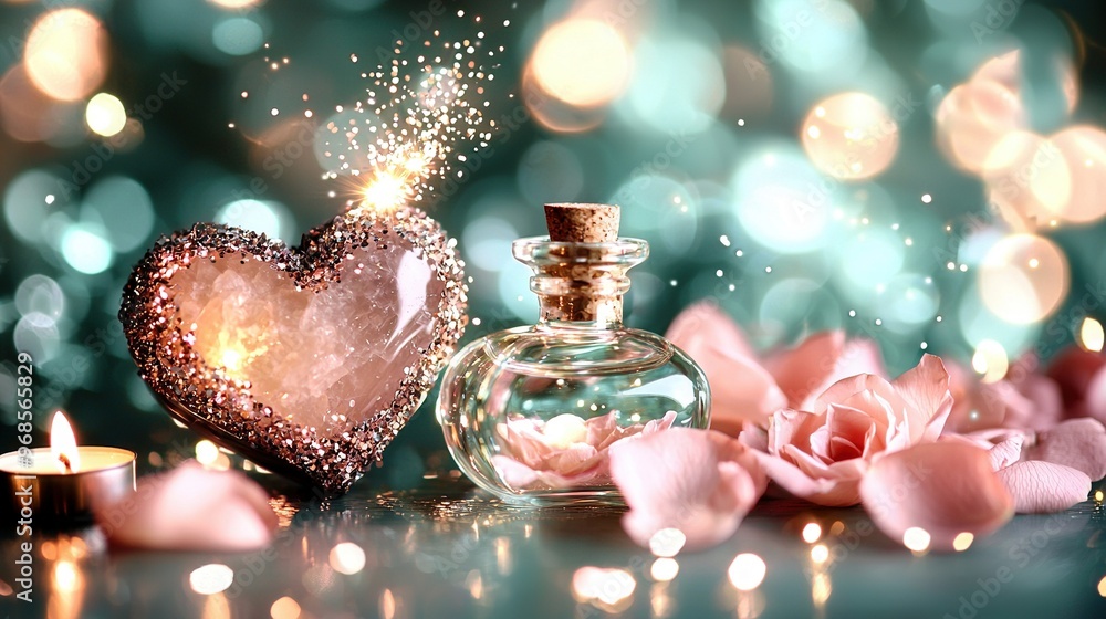 Poster a close-up bottle of perfume with a heart-shaped one adjacent on a table with blooms