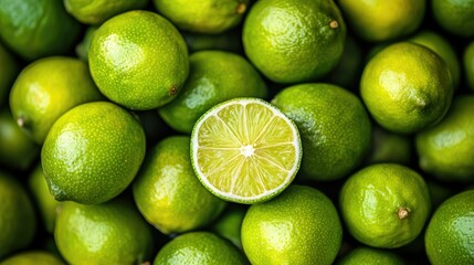 A pile of fresh green limes, with one cut open to reveal its juicy interior, showcasing the bright, refreshing citrus fruit