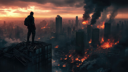 Fototapeta premium A man stands on a rooftop looking out over a city that is in flames