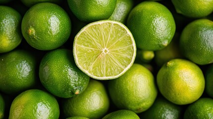 A pile of fresh green limes, with one cut open to reveal its juicy interior, showcasing the bright, refreshing citrus fruit