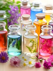Essential Oils with Flowers in Colorful Bottles - Aromatherapy