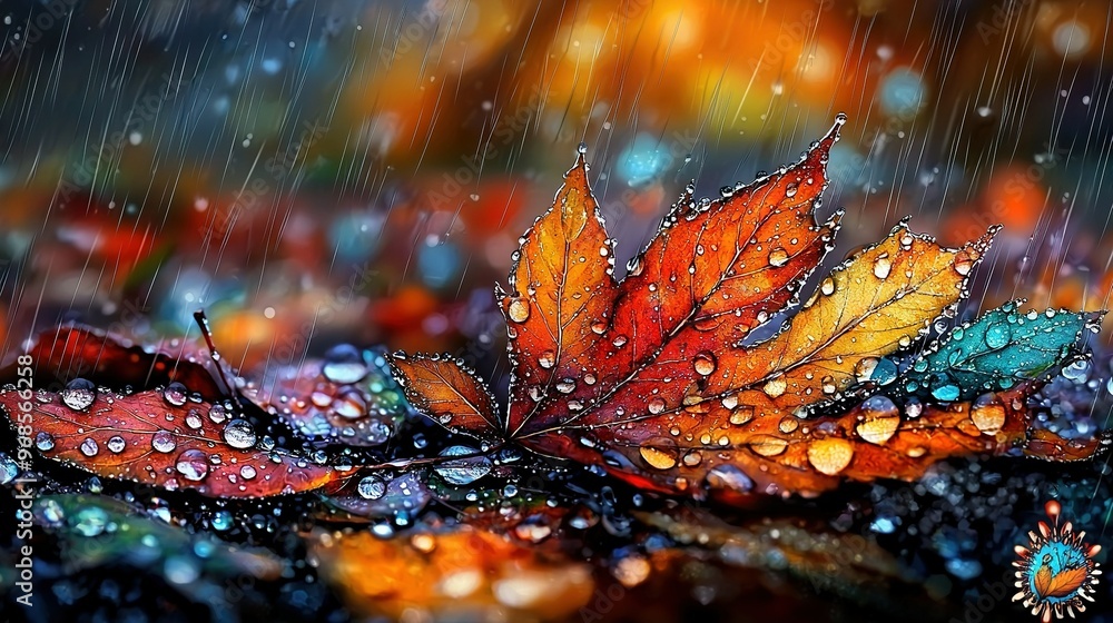 Poster a high-resolution close-up image of a leaf resting on a damp surface, displaying droplets of water o