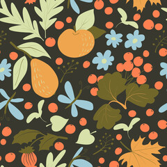 Autumn seamless pattern with leaves, fruits and berries on a dark background