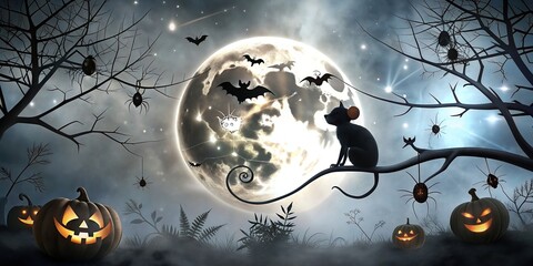 use A spooky Halloween background with a black and white mouse silhouette perched asymmetrically on a moonlit branch surrounded by haunting elements such as pumpkins bats spiderwebs and witches hats