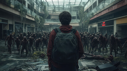 A man stands in a mall with a crowd of zombies around him