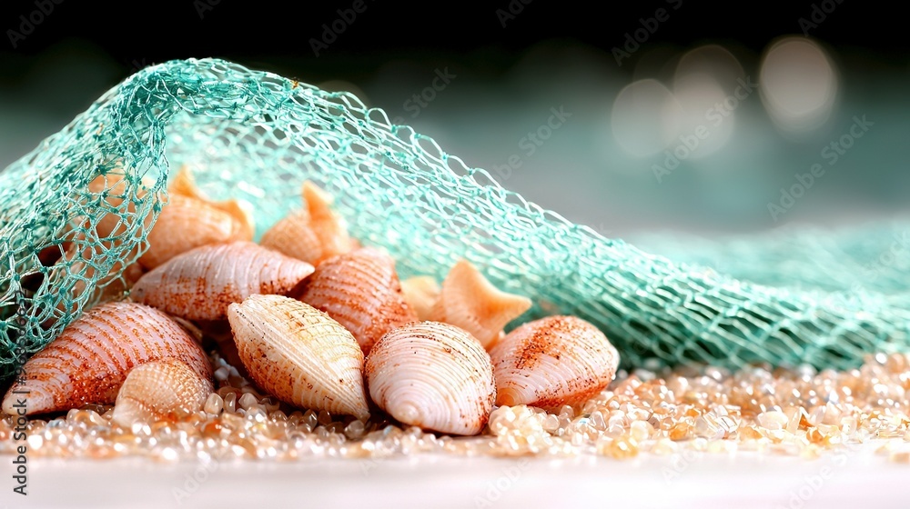 Poster a beach with a bag of sea shells and a bag containing sea shells next to it