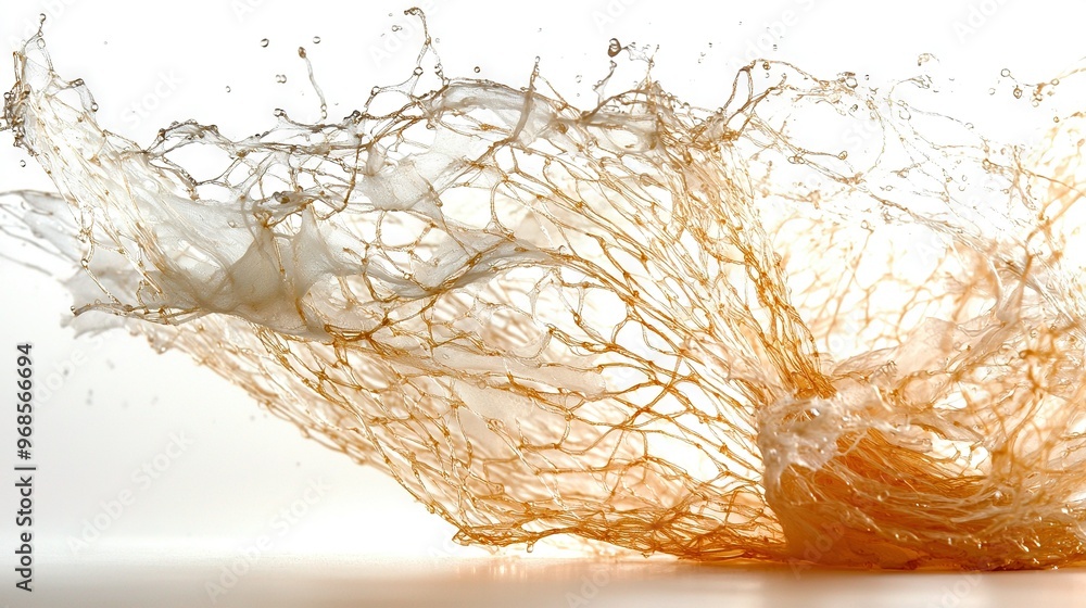 Poster a close-up of an orange and white object with water splashing from the top