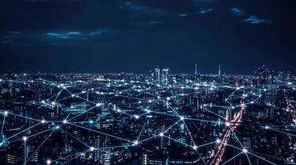 A smart city at night, illuminated with digital connectivity lines and glowing lights, symbolizing a connected urban network
