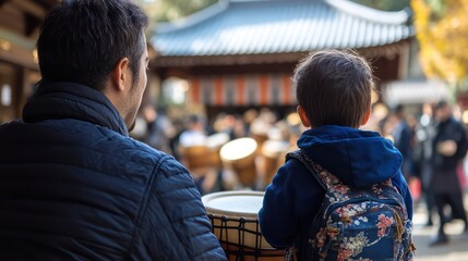 Fototapeta premium A father and son watching traditional Japanese drummers perform at a lively festival, captivated by the energetic rhythm.