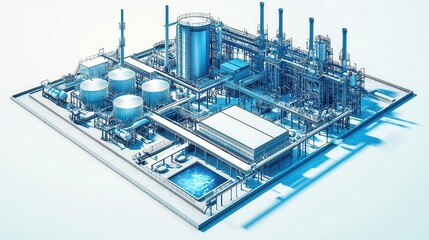 Fototapeta premium Large water treatment plant with complex pipes and modern infrastructure, processing water for urban systems, isolated on white background