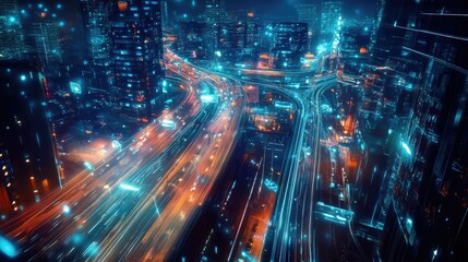 Fototapeta premium A smart city with vibrant digital connectivity lines, showcasing the interconnected infrastructure and technology of a modern metropolis