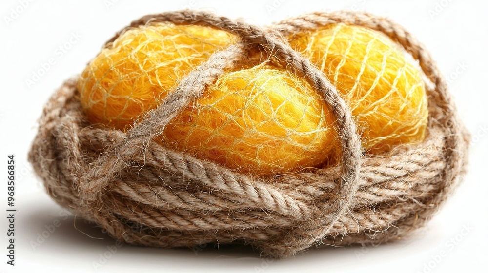 Poster two oranges in a jute bag on a white background with a string tied to the top