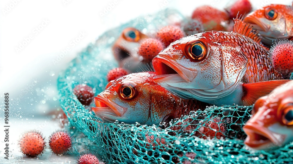 Poster a red fish and berries arrangement on a white surface with a net beneath them