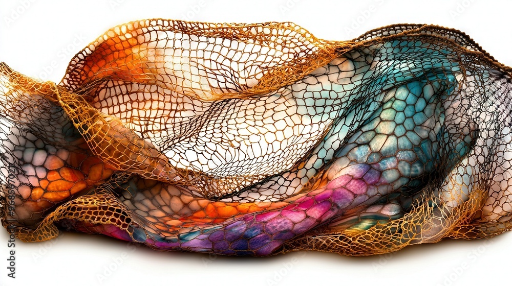 Poster a high-resolution photo of a detailed mesh bag against a neutral background, featuring an intricate 