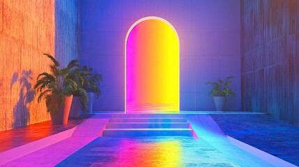 A surreal, vibrant lobby entrance with a portal leading into a fantastical, rainbow-colored parallel universe.