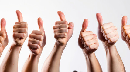 Approvement and satisfaction concept. Multiracial different hands of people crowd show thump up like sigh gesture symbol hands on studio white background