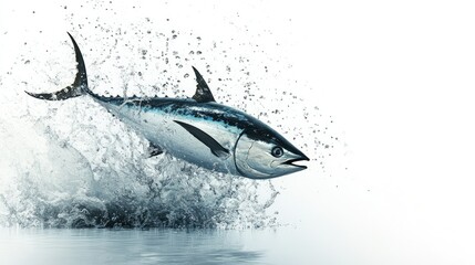 Obraz premium A tuna fish breaking the water's surface, its body arched in motion, set against a white background for a bold, isolated effect.