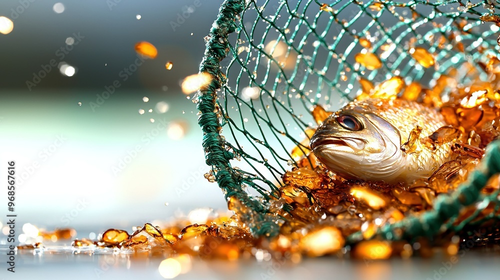 Poster a close-up image of a fish inside a net over a calm body of water with gentle water droplets surroun