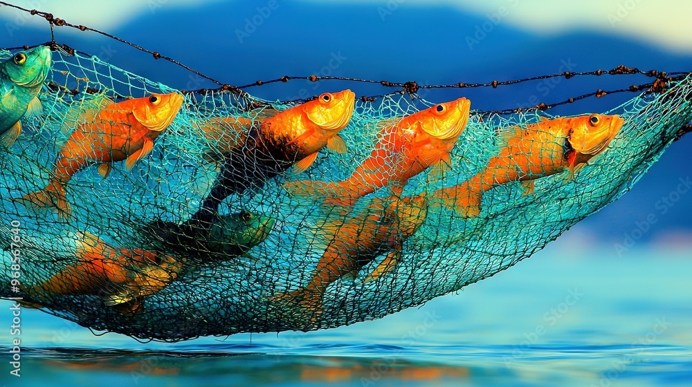Poster a cluster of goldfish within a net on a water surface with a blue sky backdrop