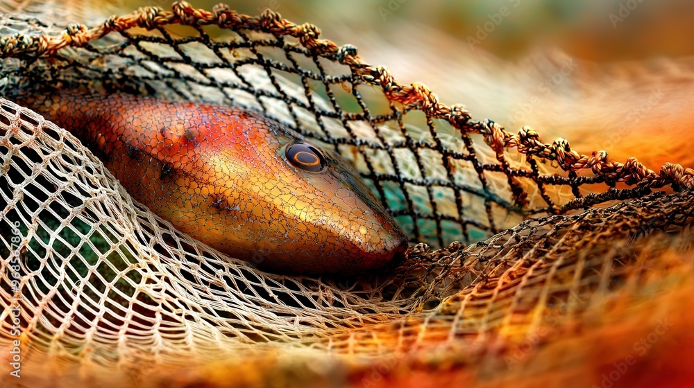 Poster a clear photo of a fishing net with a fish at its center and a faint picture of another fish in the 