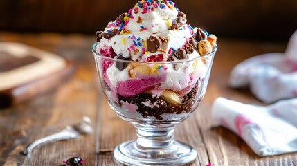 A vibrant, multi-layered ice cream sundae with rich toppings, whipped cream, and colorful sprinkles in a glass bowl