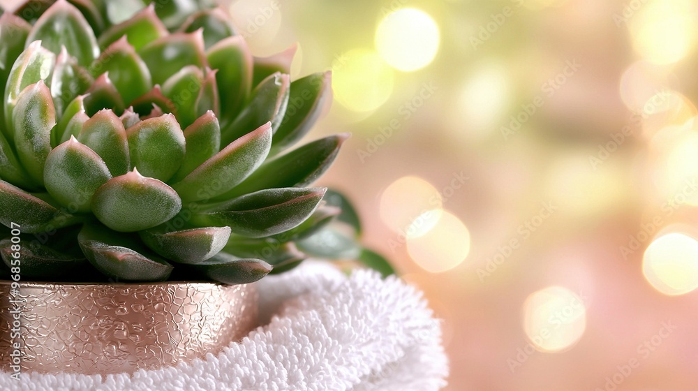 Poster   Close-up of a succulent in a pot on a towel with a backdrop of bokeh lights