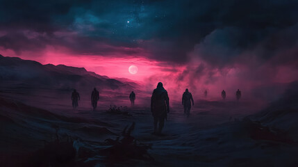A group of people are walking through a desolate landscape at night