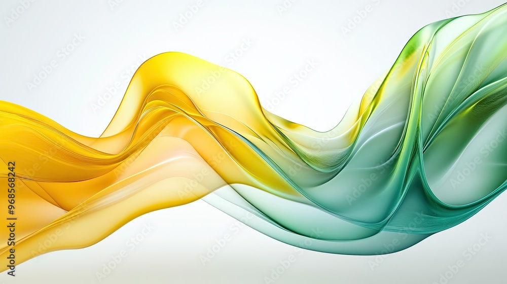 Poster abstract transparent waves in yellow and green flowing smoothly across a modern background, creating
