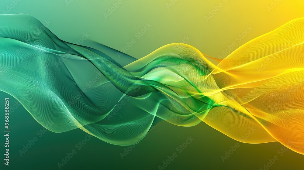 Poster abstract transparent waves in yellow and green flowing smoothly across a modern background, creating