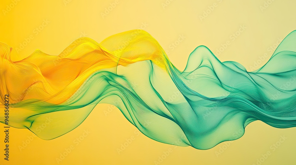 Poster abstract transparent waves in yellow and green flowing smoothly across a modern background, creating