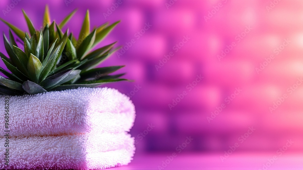 Poster a focused image of a stack of towels with a plant nestled in the center of one of the two groups