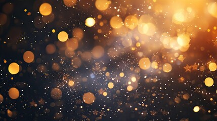 Obraz premium Abstract Christmas background with golden glowing glitter bokeh and softly blinking stars, radiating warmth and festive joy