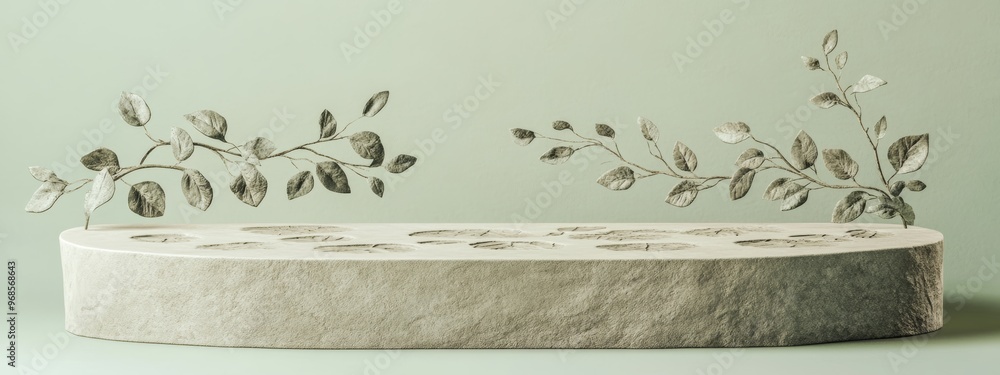 Poster concrete podium with leaf and branch imprints, matte light grey finish adding a subtle organic textu