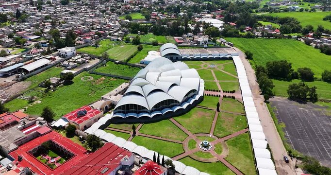 Orbital drone shot of the MSP Missionary Spirituality Center located in the town of Huilango in the municipality of Cuautitlan Izcalli, State of Mexico