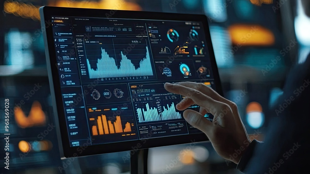 Poster analyzing real-time sales data and financial performance on a virtual screen, highlighting business 