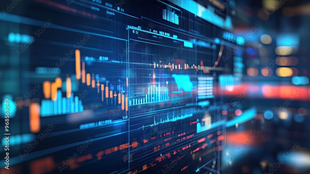 Poster analyzing real-time sales data and financial performance on a virtual screen, highlighting business 