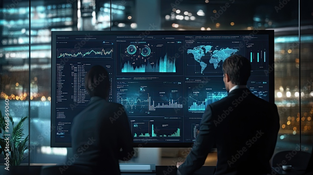 Poster analyzing real-time sales data and financial performance on a virtual screen, highlighting business 