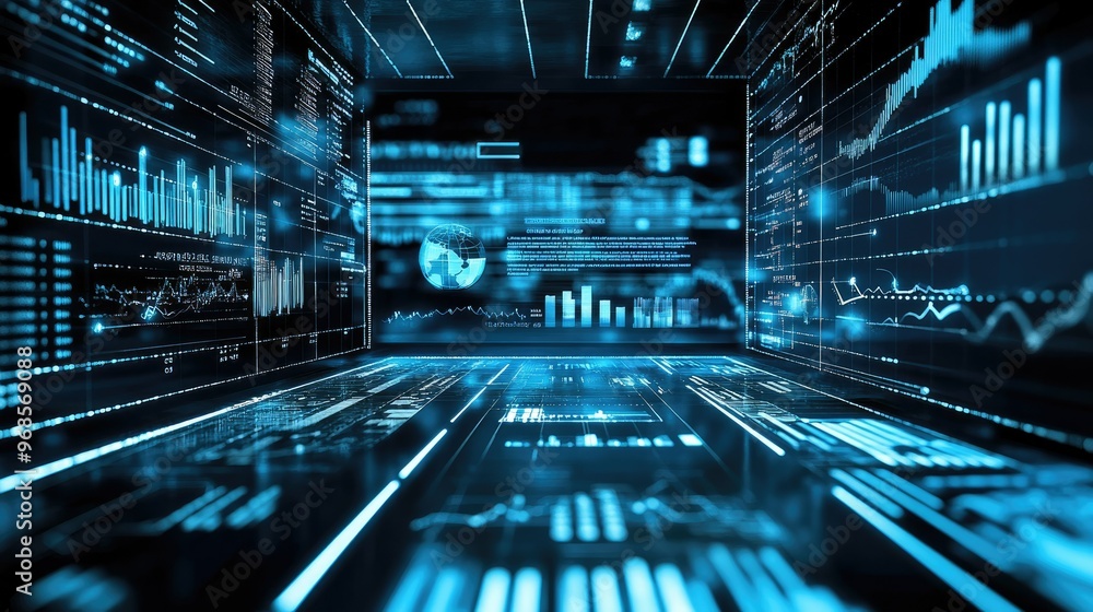 Poster analyzing real-time sales data and financial performance on a virtual screen, highlighting business 