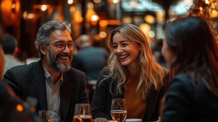 A lively group of professionals talking and laughing in a unique venue setting, surrounded by contemporary and stylish furniture, creating an energetic and dynamic vibe