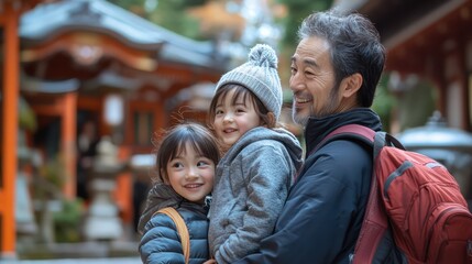 Fototapeta premium A multigenerational family visiting a famous Japanese shrine, engaging with the local culture and history