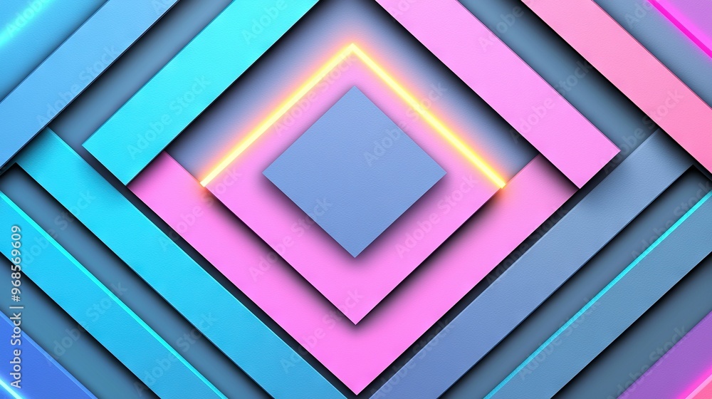 Poster a colorful canvas features a central square and rectangular grid design, overlaid by a neon ribbon p