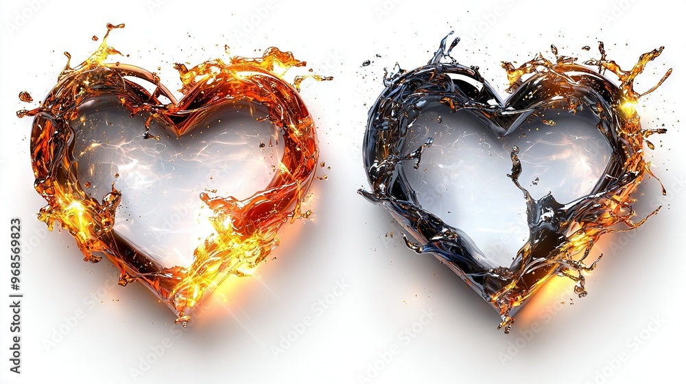 Poster two heart-shaped objects, one with fire spilling from the top and another with water splashing from 